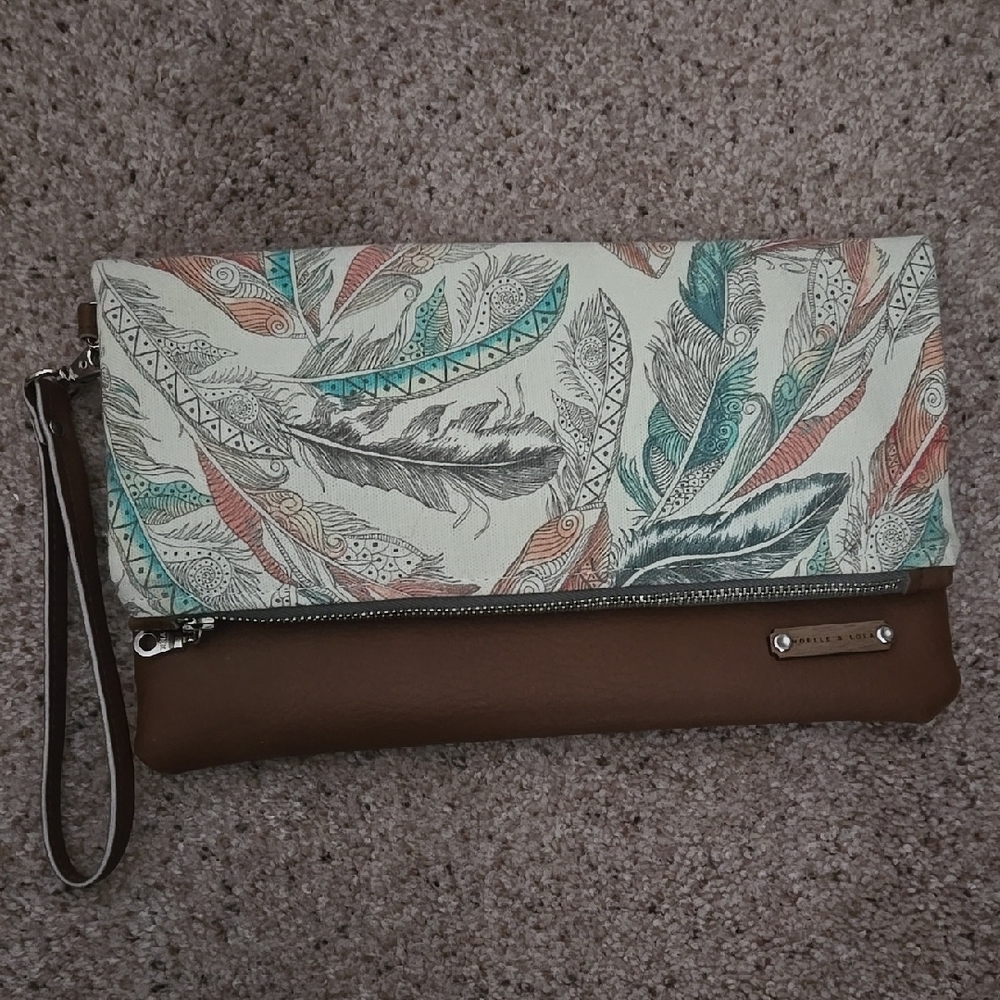 Brown and Cream Feather Print Wristlet Clutch